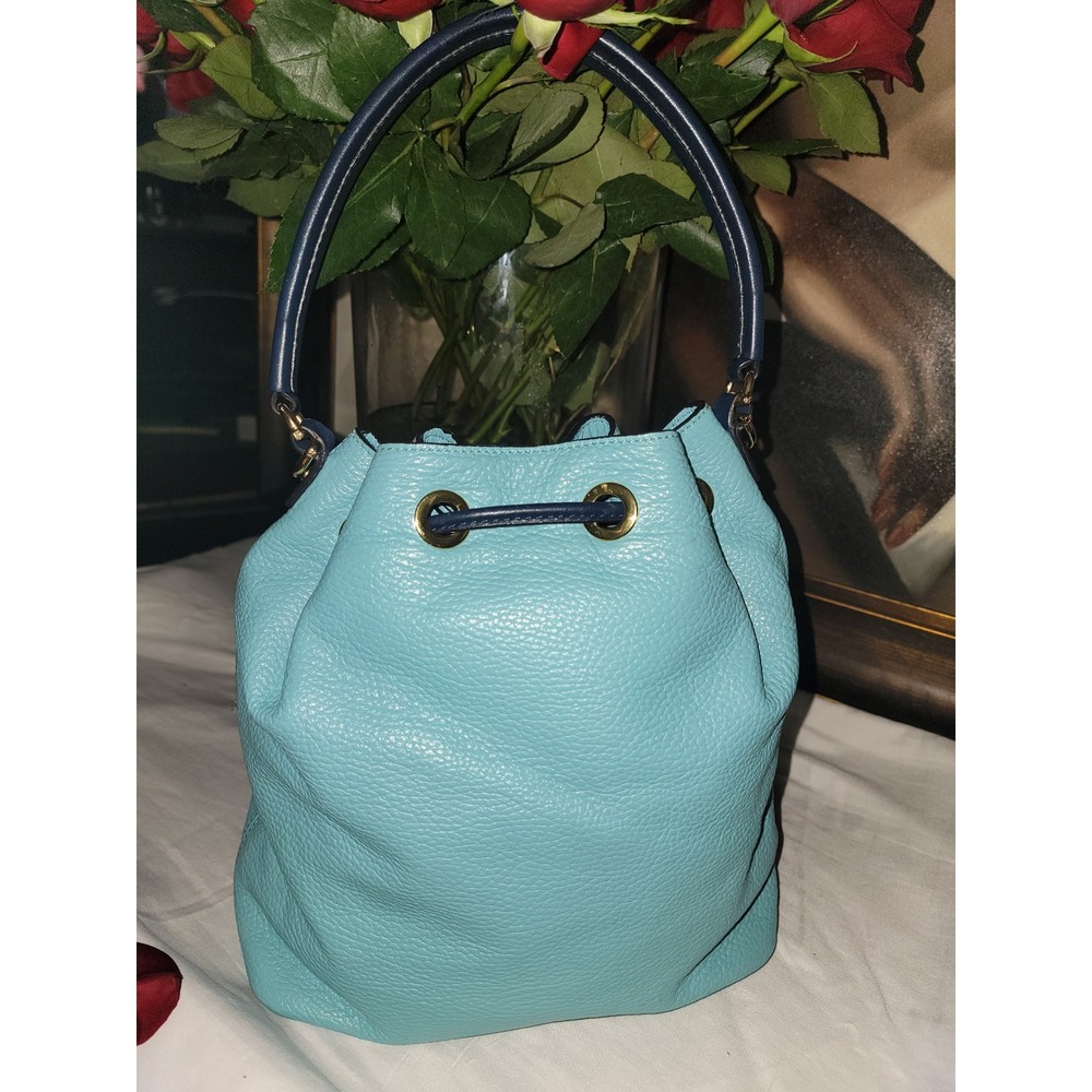 Draper James textured leather bucket bag pebble leather blue trim Y2K - Picture 5 of 7